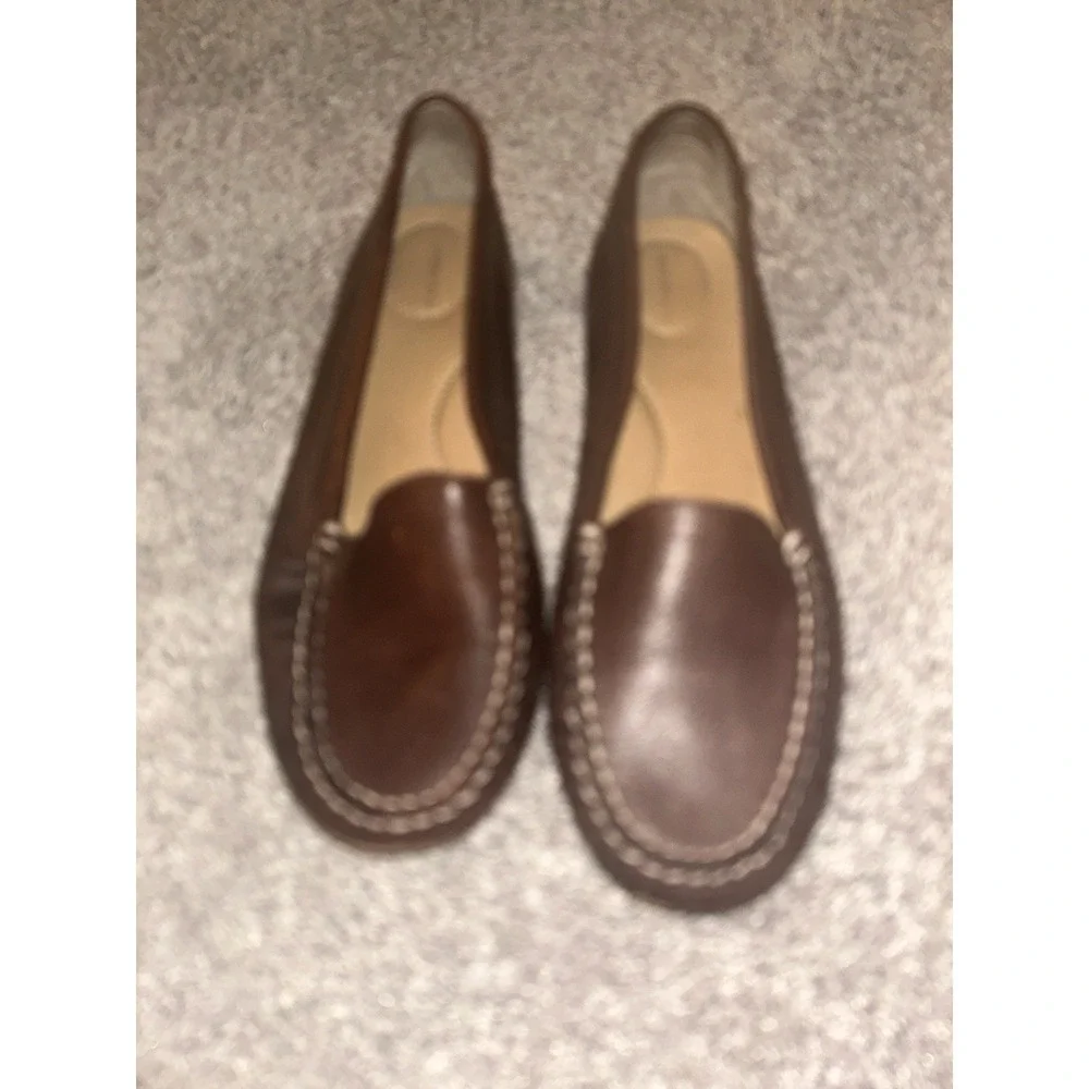 Lands End Leather Loafers Women's 9B Casual Slip On Brown Shoes Moccasin Style‎